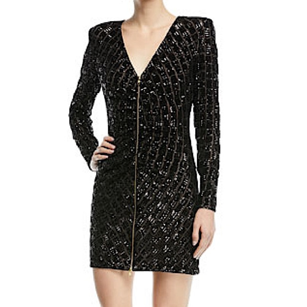 NWOT Self-Portrait Black & Gold Sequin Zipper Long Sleeve Mini Dress